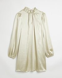 River Island GREEN SATIN TWIST NECK SHIFT MINI DRESS | women’s silky vintage style party dresses