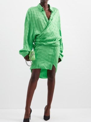 BALENCIAGA Wrap-front BB-jacquard dress in green ~ contemporary asymmetric designer dresses - flipped