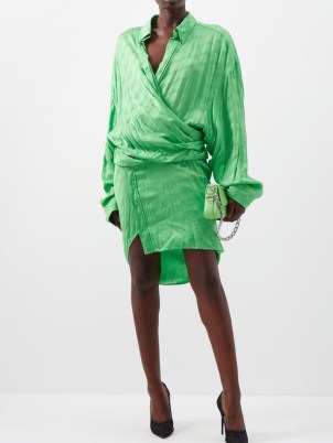 BALENCIAGA Wrap-front BB-jacquard dress in green ~ contemporary asymmetric designer dresses