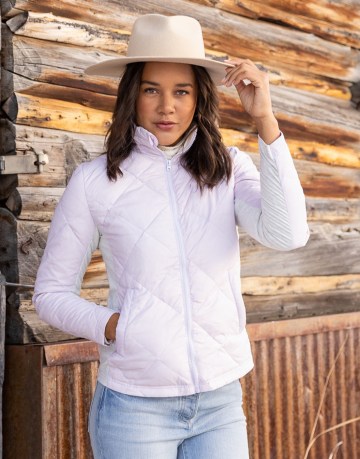 CARVE DESIGNS Horizon Down Jacket: Lavender ~ stylish quilted high neck zip up winter jackets ~ womens casual winter outerwear - flipped