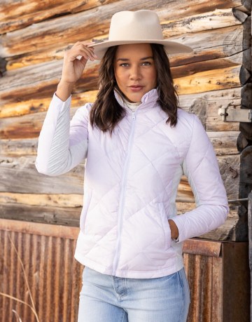 CARVE DESIGNS Horizon Down Jacket: Lavender ~ stylish quilted high neck zip up winter jackets ~ womens casual winter outerwear