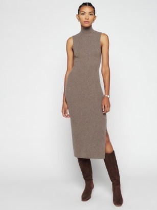 Reformation Ida Cashmere Sleeveless Sweater Dress in Cocoa | knitted turtleneck slit hem dresses | chic knitwear fashion | high mock neck | neutral winter knits - flipped