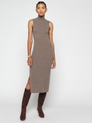 Reformation Ida Cashmere Sleeveless Sweater Dress in Cocoa | knitted turtleneck slit hem dresses | chic knitwear fashion | high mock neck | neutral winter knits