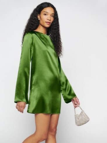 REFORMATION Ilyse Silk Dress in Palm Green – luxe silky long sleeve shirt dresses – boat neck – back keyhole cut out - flipped