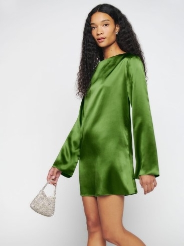 REFORMATION Ilyse Silk Dress in Palm Green – luxe silky long sleeve shirt dresses – boat neck – back keyhole cut out