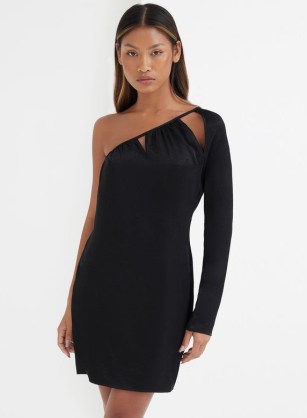 4th & Reckless MINDY ONE SHOULDER SATIN MINI DRESS BLACK | asymmetric neckline party dresses with cut out detail - flipped