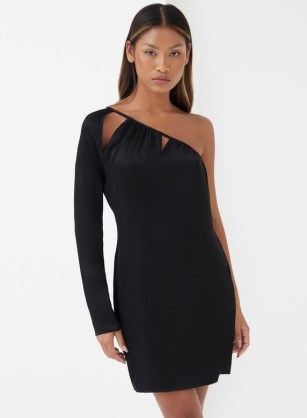4th & Reckless MINDY ONE SHOULDER SATIN MINI DRESS BLACK | asymmetric neckline party dresses with cut out detail