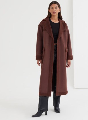 4TH & RECKLESS EMEL BELTED BORG TRIM COAT CHOCOLATE ~ dark brown longline faux shearling trimmed winter coats - flipped