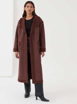 4TH & RECKLESS EMEL BELTED BORG TRIM COAT CHOCOLATE ~ dark brown longline faux shearling trimmed winter coats