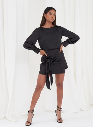 4th & Reckless LEJA TIE FRONT SATIN MINI DRESS BLACK | chic LBD | long sleeved party dresses - flipped