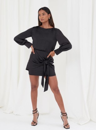 4th & Reckless LEJA TIE FRONT SATIN MINI DRESS BLACK | chic LBD | long sleeved party dresses