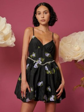 sister jane Moon Beam Mini Dress in Black and Violet – floral skinny strap bubble hem party dresses – DREAM THE LUNAR GARDEN - flipped