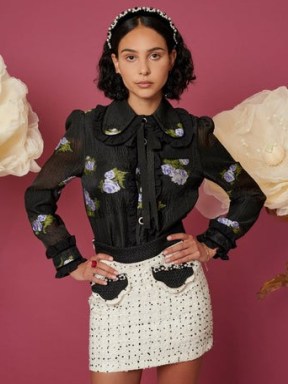 sister jane DREAM Moon Beam Ruffle Shirt Black and Violet – romantic ruffled edge shirts – women’s frill trimmed oversized collar blouses – vintage style floral fashion - flipped