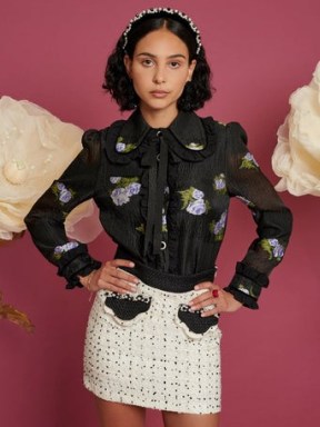 sister jane DREAM Moon Beam Ruffle Shirt Black and Violet – romantic ruffled edge shirts – women’s frill trimmed oversized collar blouses – vintage style floral fashion