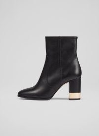 L.K. BENNETT Imogen Black Leather Ankle Boots / women’s almond toe boot with a gold metal detail block heel