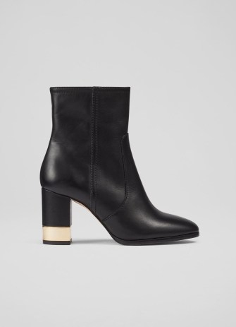 L.K. BENNETT Imogen Black Leather Ankle Boots / women’s almond toe boot with a gold metal detail block heel - flipped