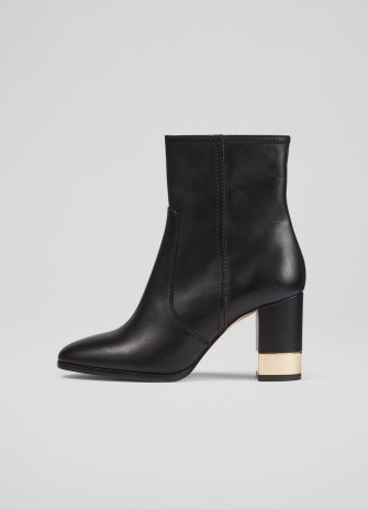 L.K. BENNETT Imogen Black Leather Ankle Boots / women’s almond toe boot with a gold metal detail block heel