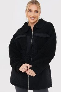 JAC JOSSA BLACK CONTRAST BORG COAT ~ women’s faux shearling panelled winter coats