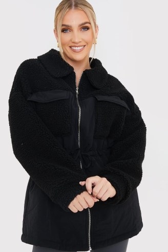 JAC JOSSA BLACK CONTRAST BORG COAT ~ women’s faux shearling panelled winter coats - flipped
