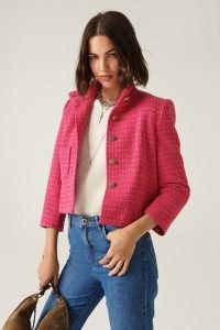 ba&sh lalo jacket in pink ~ women’s boxy checked jackets ~ womens chic tweed style outerwear ~ 3/4 length sleeves