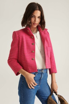 ba&sh lalo jacket in pink ~ women’s boxy checked jackets ~ womens chic tweed style outerwear ~ 3/4 length sleeves - flipped