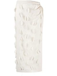 Jacquemus La Jupe Draggiu embroidered skirt in off-white – cotton asymmetric applique skirts – side slit – wrap style – gathered waist detail – French fashion