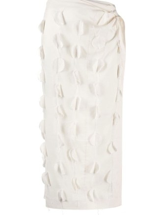 Jacquemus La Jupe Draggiu embroidered skirt in off-white – cotton asymmetric applique skirts – side slit – wrap style – gathered waist detail – French fashion