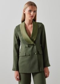 L.K. BENNETT Jagger Green Crepe Tuxedo Jacket ~ women’s tailored double breasted jackets ~ satin lapel