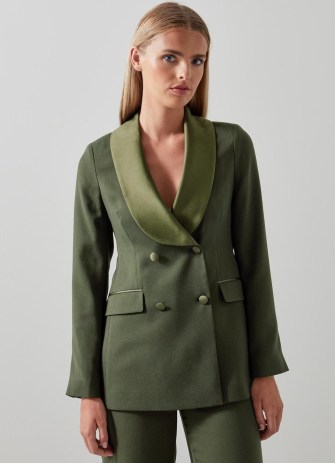 L.K. BENNETT Jagger Green Crepe Tuxedo Jacket ~ women’s tailored double breasted jackets ~ satin lapel