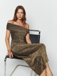 Reformation Jamen Knit Dress in Gold Sparkle / sparkling one shoulder evening dresses / party glamour