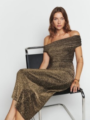 Reformation Jamen Knit Dress in Gold Sparkle / sparkling one shoulder evening dresses / party glamour - flipped