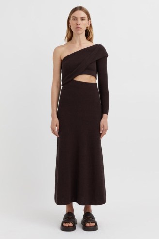 CAMILLA AND MARC Javier Knit Cut-out Midi Dress in Dark Brown – asymmetric cutout detail dresses – off the shoulder – contemporary knitted fashion - flipped