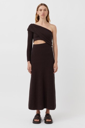 CAMILLA AND MARC Javier Knit Cut-out Midi Dress in Dark Brown – asymmetric cutout detail dresses – off the shoulder – contemporary knitted fashion