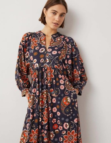 Boden Jersey Midi Dress French Navy, Passion Flower / dark blue floral and paisley print dresses - flipped