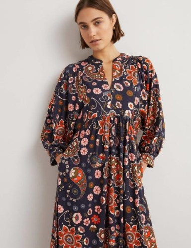 Boden Jersey Midi Dress French Navy, Passion Flower / dark blue floral and paisley print dresses