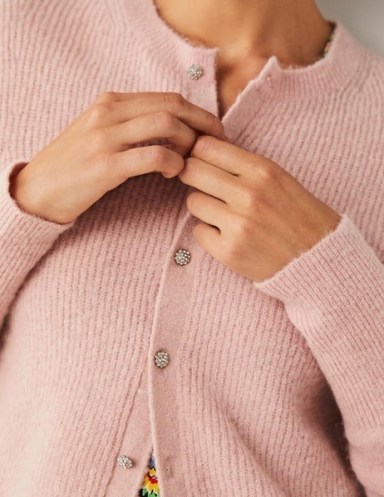 Boden Jewel Button Fluffy Cardigan Pink Frosting | luxe textured knits | cardigans with embellished buttons - flipped