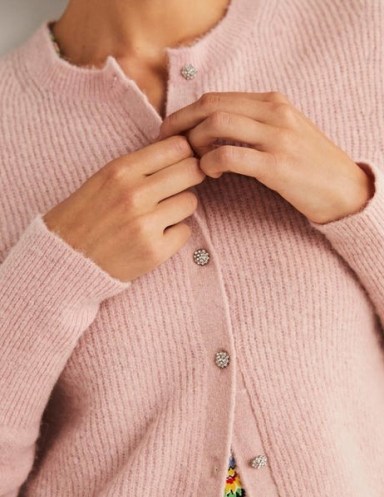 Boden Jewel Button Fluffy Cardigan Pink Frosting | luxe textured knits | cardigans with embellished buttons