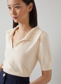 L.K. BENNETT Julie Cream Wool-Organic Cotton Knitted Top ~ short sleeve vintage style sweaters ~ retro collared tops ~ feminine knitwear