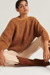 ba&sh fill jumper in brown ~ fluffy textured deep V-back jumpers ~ neutral knits ~ twist back detail