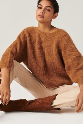 ba&sh fill jumper in brown ~ fluffy textured deep V-back jumpers ~ neutral knits ~ twist back detail - flipped