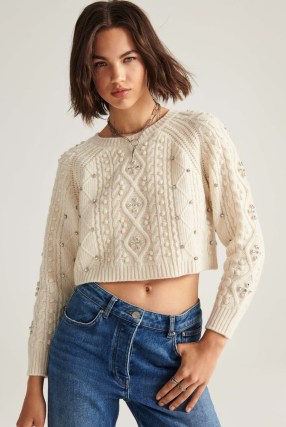 ba&sh otello jumper | cropped cable knit jumpers | luxe diamante embellished crop hem sweaters - flipped