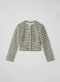 Keeler Black and Cream Gingham Tweed Jacket / women’s classic checked frayed edge jackets / pearl button detail / womens vintage style clothing