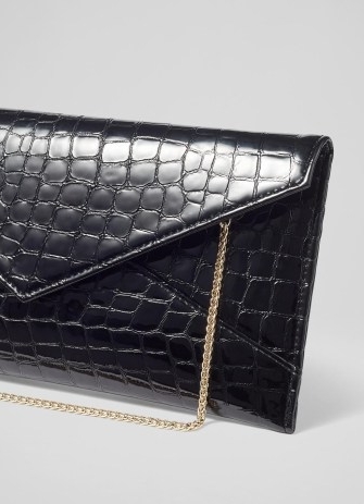 L.K. BENNETT Kendall Black Patent Croc-Effect Leather Envelope Clutch Bag / crocodile embossed occasion bags