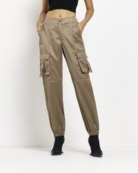RIVER ISLAND KHAKI SATIN UTILITY CARGO TROUSERS – women’s luxe style side pocket pants
