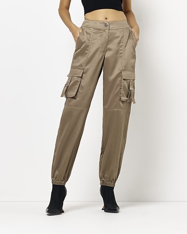 RIVER ISLAND KHAKI SATIN UTILITY CARGO TROUSERS – women’s luxe style side pocket pants - flipped