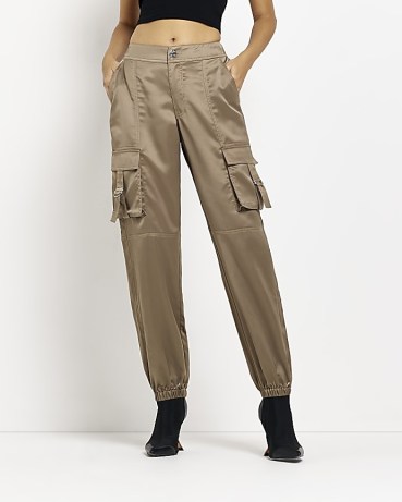 RIVER ISLAND KHAKI SATIN UTILITY CARGO TROUSERS – women’s luxe style side pocket pants