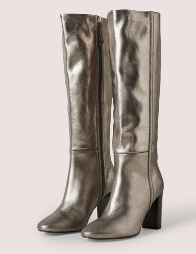 Boden Knee High Leather Boots Pewter – women’s glamorous metallic footwear