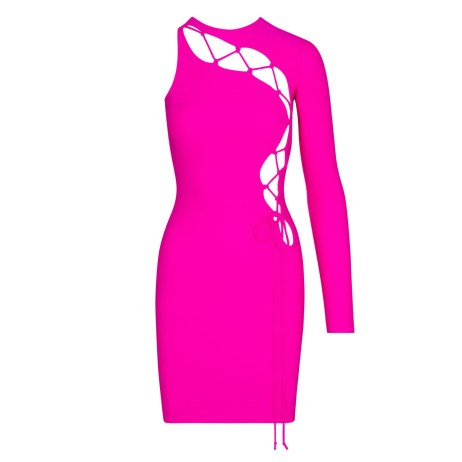 SKIMS LACE UP MINI DRESS in Fuchsia ~ hot pink one shoulder long sleeve bodycon ~ fitted cut out detail party dresses ~ evening glamour