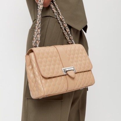 ASPINAL of LONDON Large Lottie Bag Quilted Soft Taupe | luxe chain shoulder strap flap front handbags | chic bags - flipped