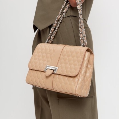 ASPINAL of LONDON Large Lottie Bag Quilted Soft Taupe | luxe chain shoulder strap flap front handbags | chic bags